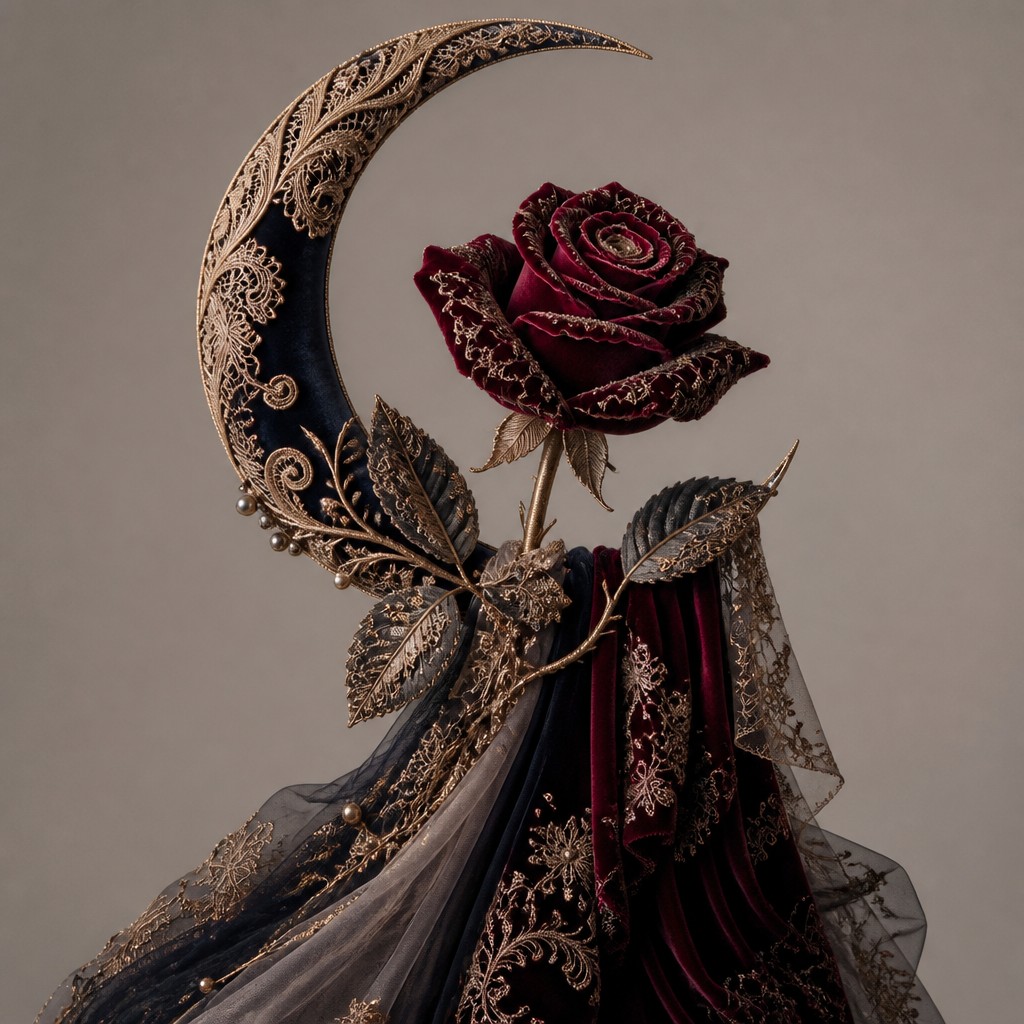 a rose entwined with a crescent moon, clean balanced composition on a plain background, no text