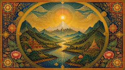 a vast valley with a river winding toward distant mountains at sunrise, no people, no text