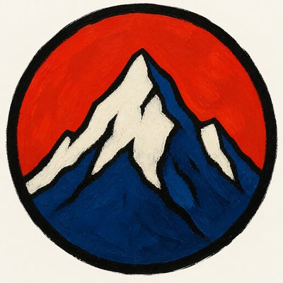 an emblem of a mountain peak inside a circle, simple bold shapes on a plain background, no text or lettering
