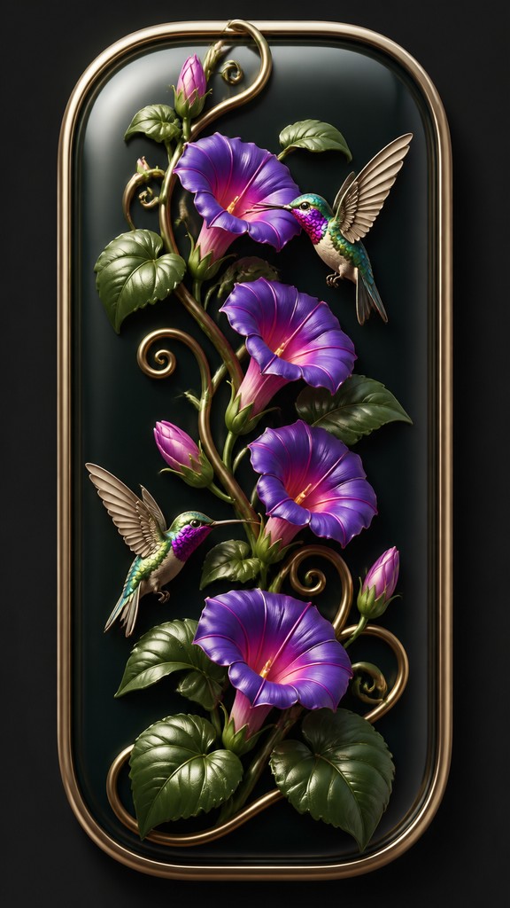 a climbing vine of flowers and hummingbirds on a dark background, tall wrapping composition, no text