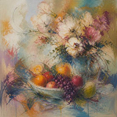 still life arrangement of fruits and flowers