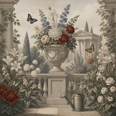 a garden scene with butterflies, flowers and a watering can, clean uncolored line art, no text