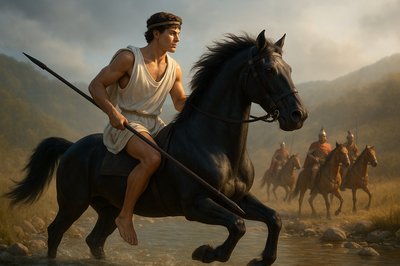a man riding on the back of a black horse