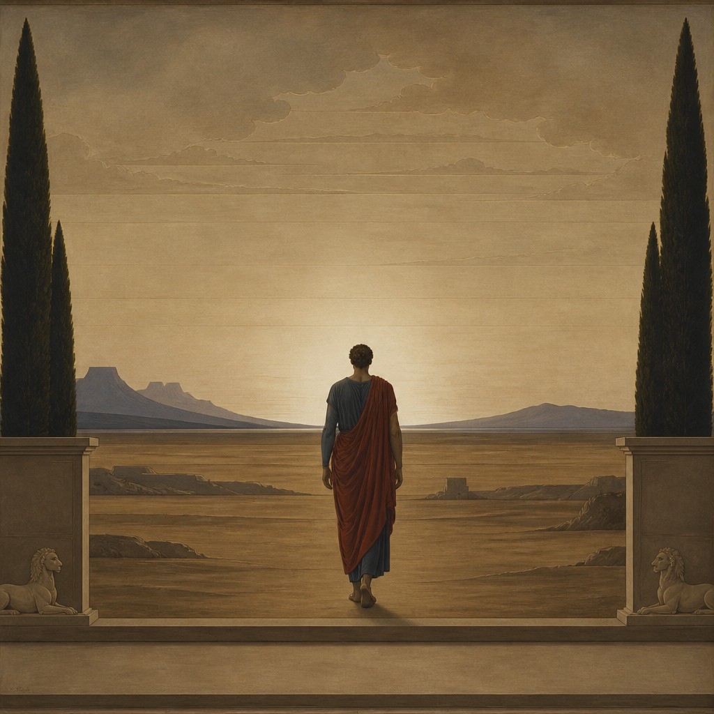 a solitary figure walking toward a glowing horizon across an empty plain, moody atmosphere, no text or lettering