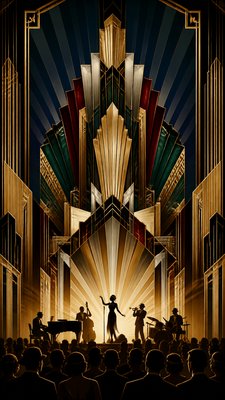 a live music scene with a glowing stage and silhouetted crowd, energetic vertical composition with open space at the top, no text