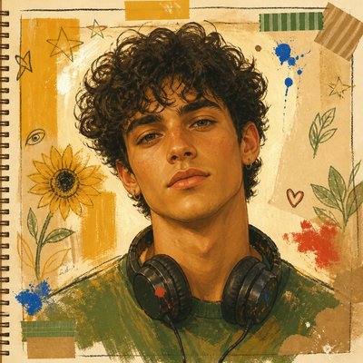 head-and-shoulders portrait of an original character: a young man with curly dark hair and headphones around his neck, plain backdrop, no text
