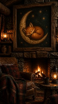 a sleeping baby fox curled on a crescent moon among soft stars, gentle and warm, no text