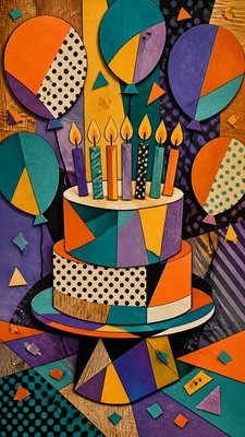 a birthday cake with lit candles surrounded by balloons and confetti, festive vertical composition, no text