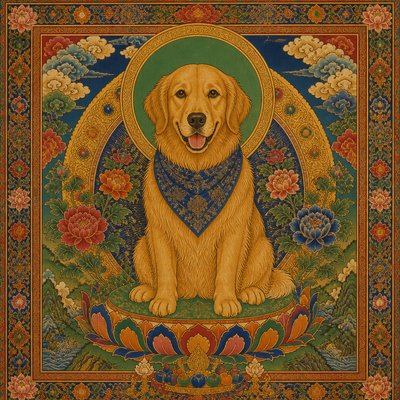 portrait of a golden retriever wearing a blue bandana, warm plain backdrop, no text