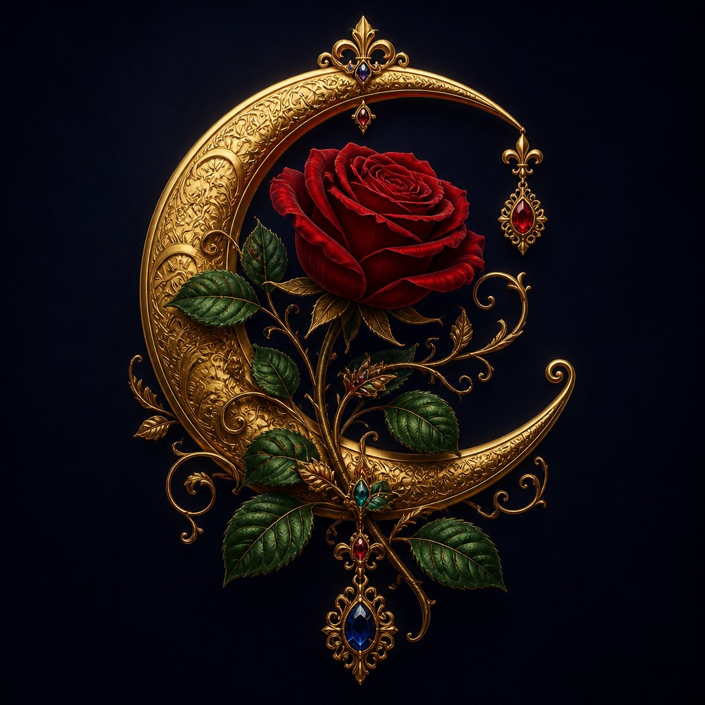 a rose entwined with a crescent moon, clean balanced composition on a plain background, no text