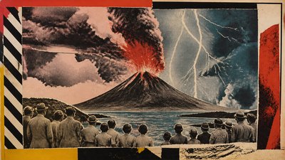 an erupting volcano with lightning strikes, dramatic wide composition, no text