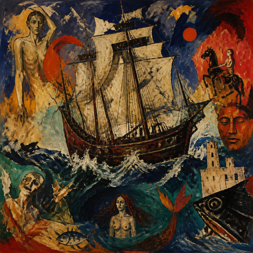 sailing ship on a stormy sea — Transavanguardia Art Style