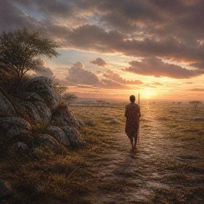 a solitary figure walking toward a glowing horizon across an empty plain, moody atmosphere, no text or lettering
