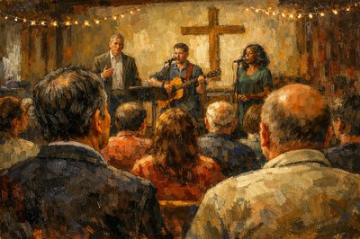 Inside an informal church in London.  Wing Sun's father has been invited to attend with his counterpart from the office.  He doesn't have anything else to do on Sunday morning, so he goes along.  we are standing in the back of the room.  There are many people of different ethnicities, the Pastor is standing up front alongside a worship leader with a guitar, and a young black woman, facing the audience.  The atmosphere is warm and welcoming, but Wing Sun's father feels a little uncomfortable.