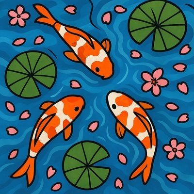 A koi pond seen from above, orange and white koi fish swimming among lily pads, clear water with subtle ripples, fallen cherry blossom petals floating on the surface, dappled sunlight