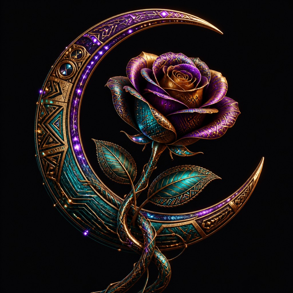 a rose entwined with a crescent moon, clean balanced composition on a plain background, no text