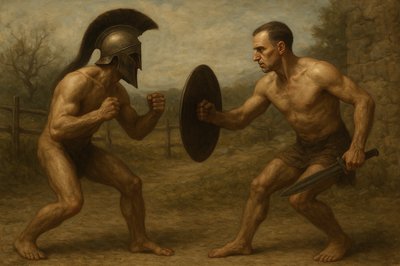a painting of two men fighting each other
