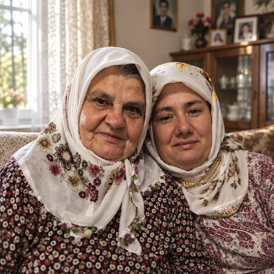 a couple of women sitting next to each other