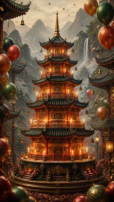 a birthday cake with lit candles surrounded by balloons and confetti, festive vertical composition, no text