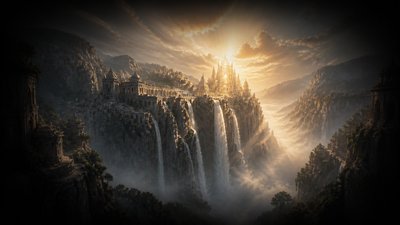 a cliffside city with waterfalls cascading into a misty canyon, wide establishing shot, no people, no text