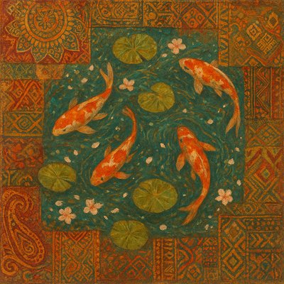 A koi pond seen from above, orange and white koi fish swimming among lily pads, clear water with subtle ripples, fallen cherry blossom petals floating on the surface, dappled sunlight