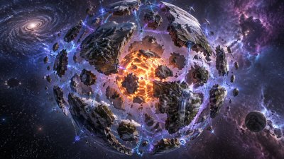Photorealistic 3D globe of a shattered planet named Xylorathen, about 48 broken and fractured land chunks of varying sizes floating in orbit around a glowing molten mantle core, held by glowing blue and purple magical ley lines and ethereal chains, dramatic space background with stars and nebulae, high detail, cinematic lighting, realistic planetary scale