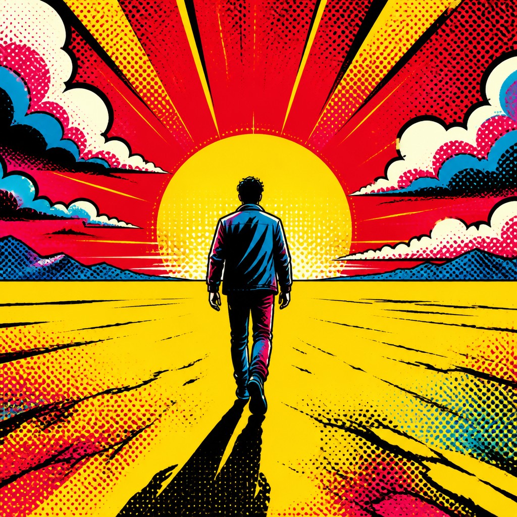 a solitary figure walking toward a glowing horizon across an empty plain, moody atmosphere, no text or lettering