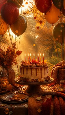 a birthday cake with lit candles surrounded by balloons and confetti, festive vertical composition, no text
