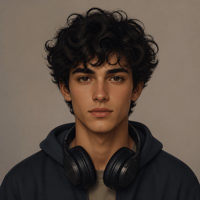 head-and-shoulders portrait of an original character: a young man with curly dark hair and headphones around his neck, plain backdrop, no text