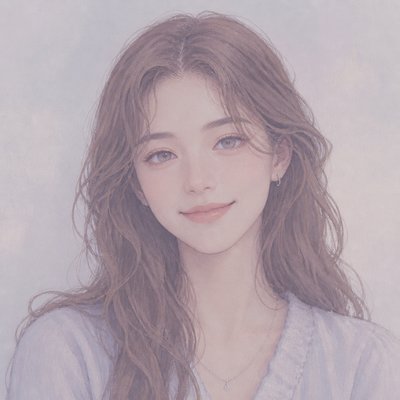 head-and-shoulders portrait of an original character: a young woman with wavy chestnut hair and a warm smile, plain soft backdrop