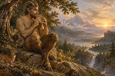 in ancient greek mythology ignudi Pan was the son of Hermes and a wood nymph, and came into the world with horns sprouting from his forehead, a goat's beard and a crooked nose, pointed ears, and the tail and feet of a goat.