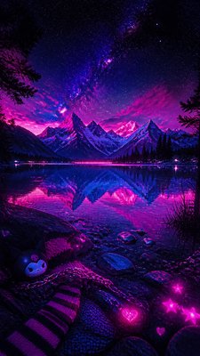 a tranquil mountain lake beneath a starry night sky, no people, no text