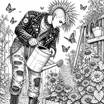a garden scene with butterflies, flowers and a watering can, clean uncolored line art, no text
