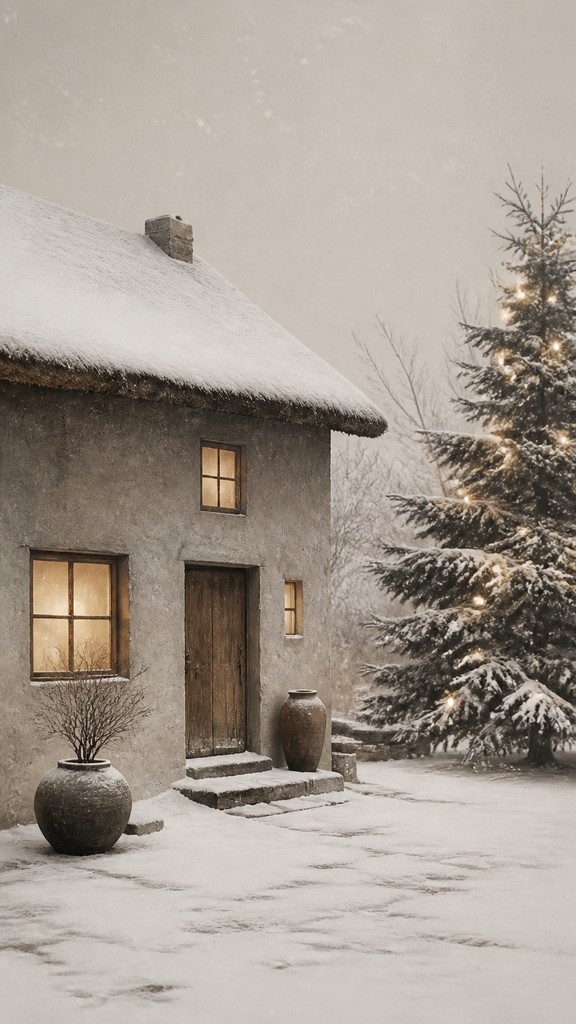 a snow-covered cottage with warm glowing windows beside a decorated pine tree, gentle snowfall, no text
