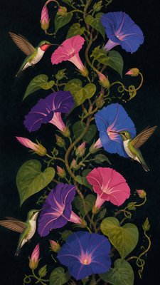 a climbing vine of flowers and hummingbirds on a dark background, tall wrapping composition, no text