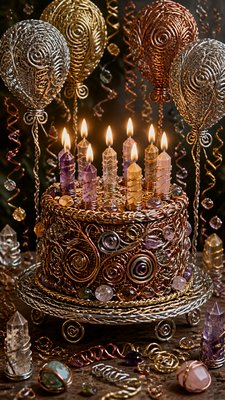 a birthday cake with lit candles surrounded by balloons and confetti, festive vertical composition, no text