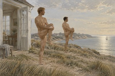 danish seacoast scene two ignudi athletes doing standing yoga leg exercise outdoors