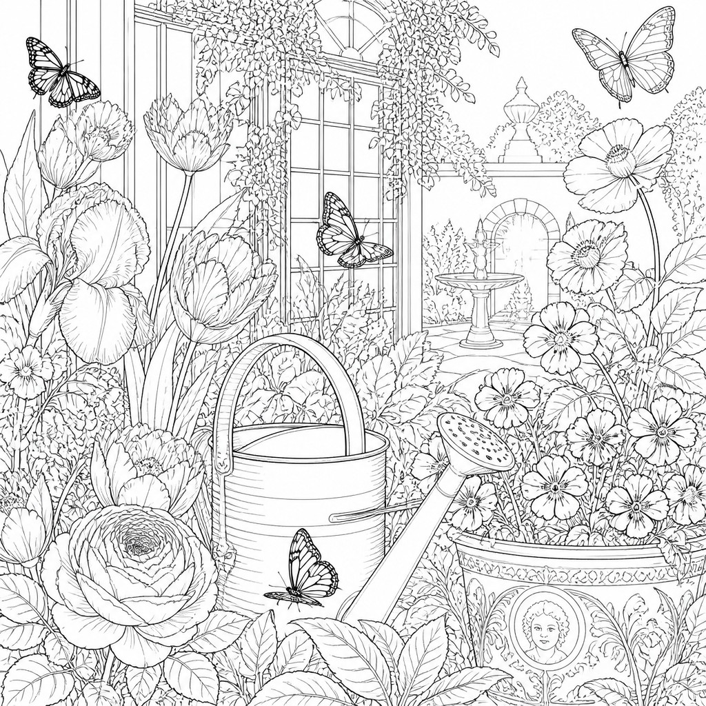 a garden scene with butterflies, flowers and a watering can, clean uncolored line art, no text