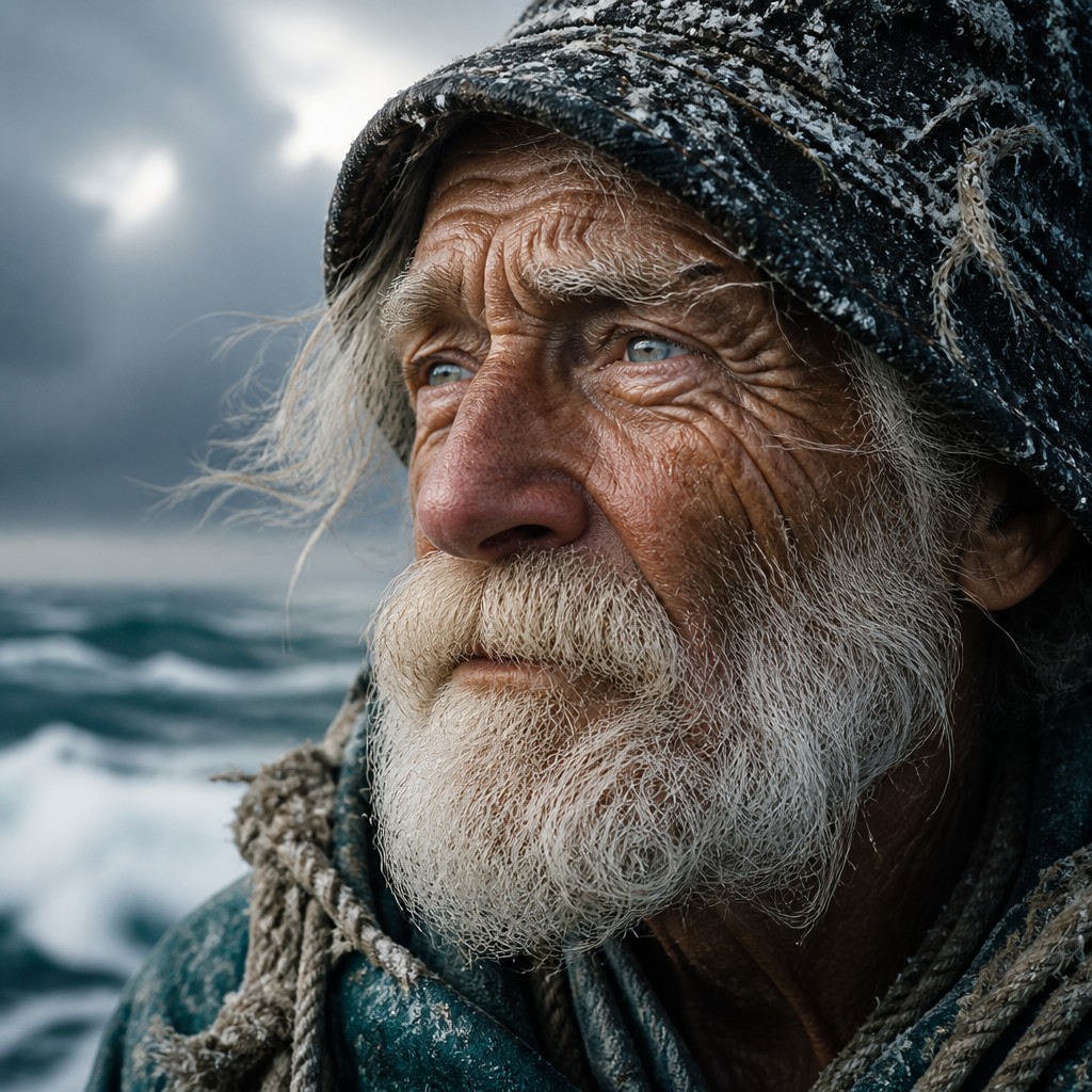 close-up portrait of an elderly person with expressive weathered features — Oceancore Aesthetic