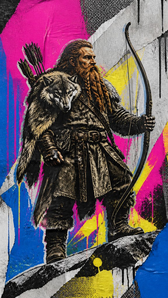 full-body original character: a dwarven ranger with a braided auburn beard, worn leather armor, a longbow and a wolf-pelt cloak, neutral background, no text