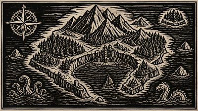 a map of an island realm with mountains, forests, a sheltered bay, sea monsters in the water and a compass rose, no text labels