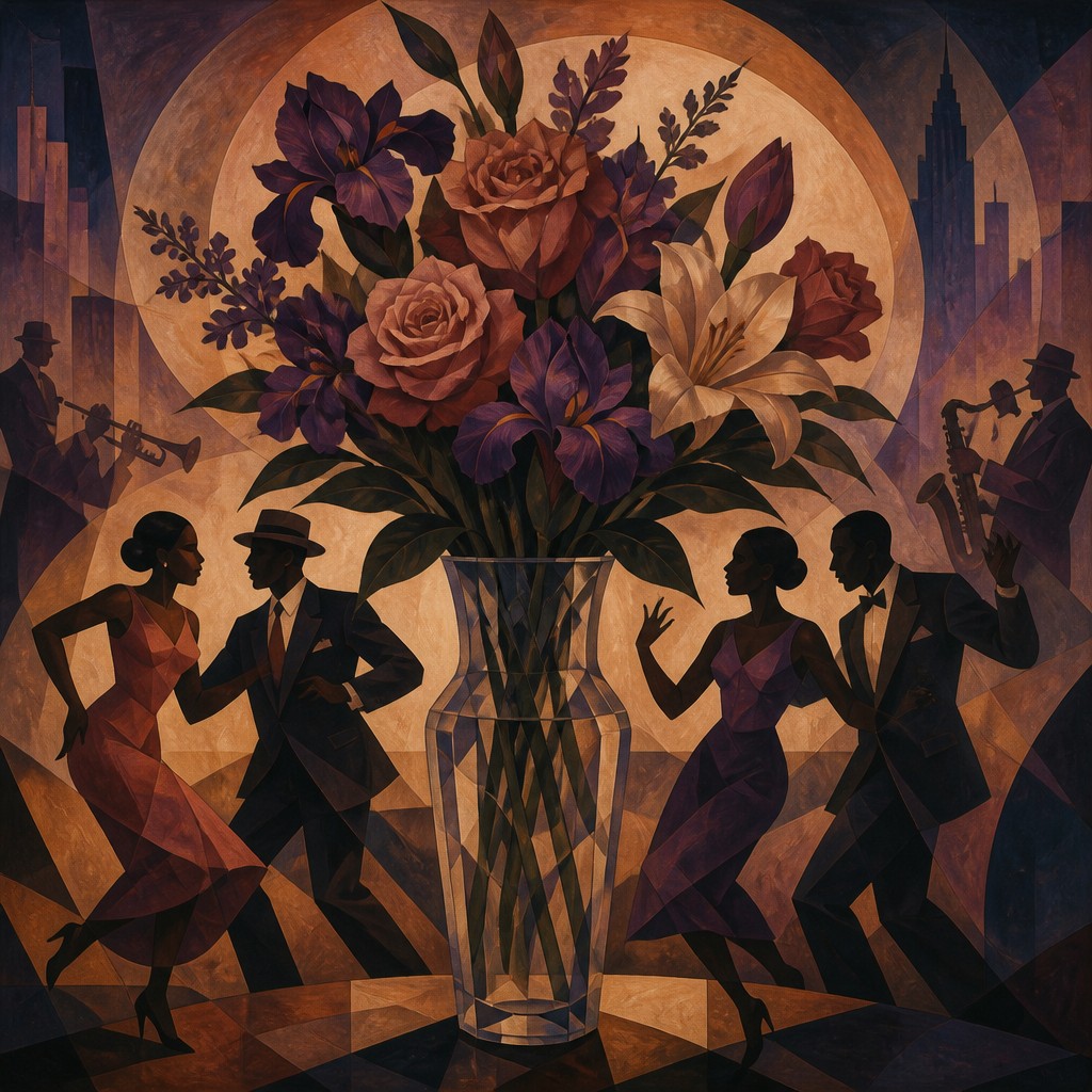 bouquet of flowers in a glass vase — Harlem Renaissance Art Style