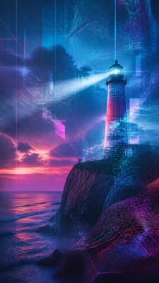 a lone lighthouse on a cliff at dusk under a dramatic sky, no text or lettering