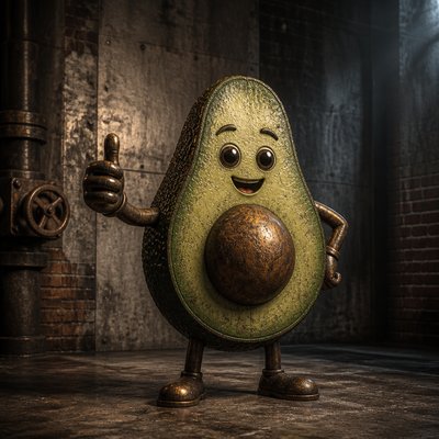a happy avocado character giving a thumbs up, bold readable design on a plain background, no text