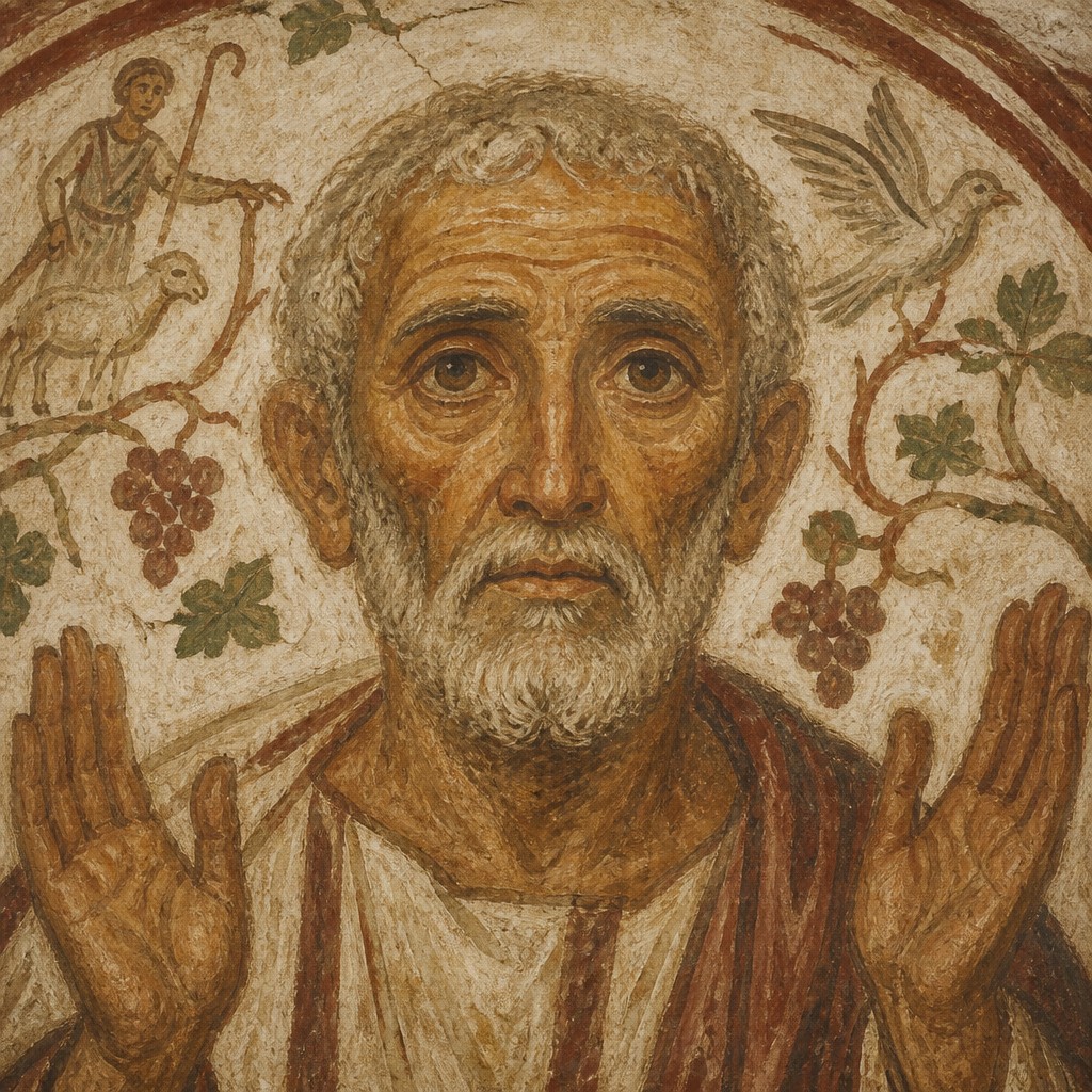 close-up portrait of an elderly person with expressive weathered features — Early Christian Art Style