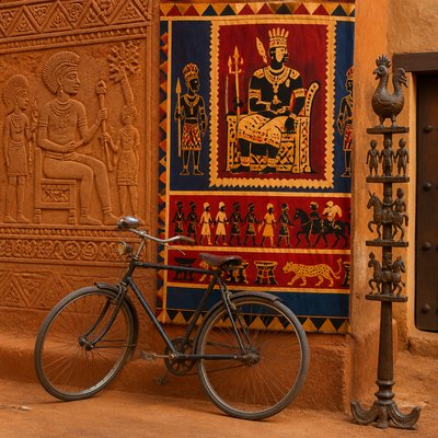 bicyle resting against a wall