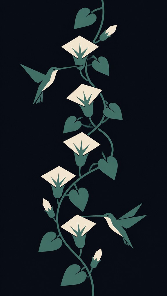 a climbing vine of flowers and hummingbirds on a dark background, tall wrapping composition, no text