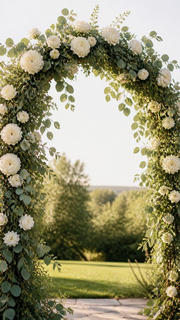 an arch of white roses and eucalyptus in soft morning light, elegant vertical composition with open space, no text