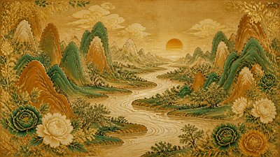 a vast valley with a river winding toward distant mountains at sunrise, no people, no text