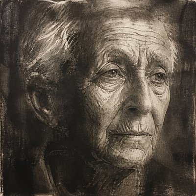 close-up portrait of an elderly person with expressive weathered features
